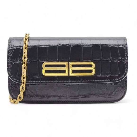 Balenciaga Gossip Wallet On Chain WOC Bag - Croc Embossed Calf Leather - Black - Picture 1 of 12